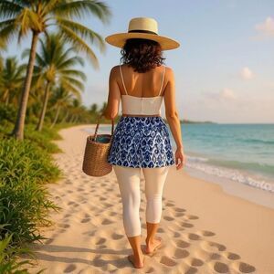 Coolibar Kahula Skirted Swim Capri UPF Swim Bottom Capris‎ Size XL Blue & White